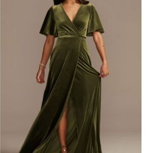 David’s bridal velvet stretch flutter sleeve wrap dress in martini olive